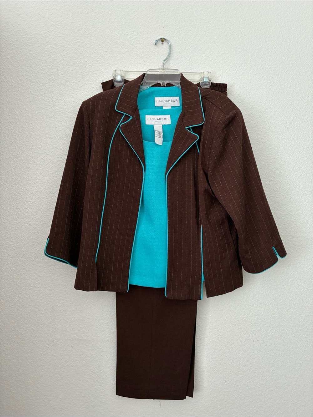 Sag Harbor Turquoise and Brown pinstriped 3 piece pants set size 14